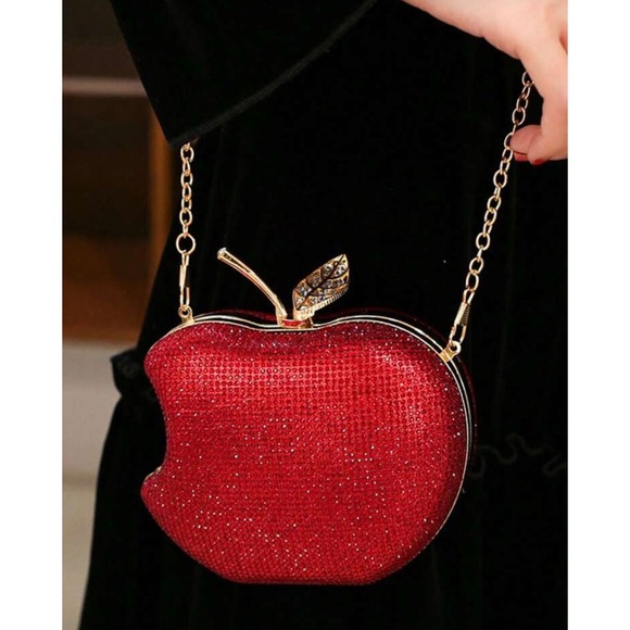 Red Rhinestone Apple Shaped Evening Clutch Bag Bitten Apple Novelty Purse Red